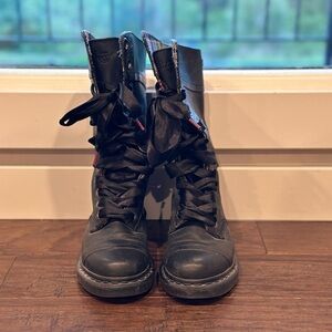 Dr. Marten Black Leather Plaid Lined Triumph Boots